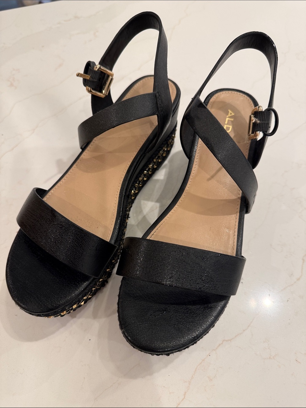 Aldo Black Leather Slingback Sandals with Gold Chain Trim